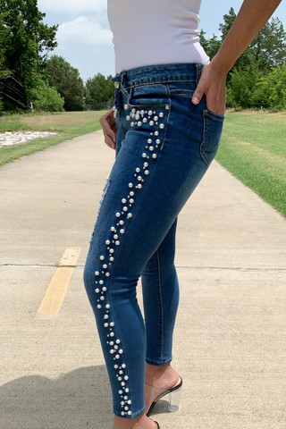 Jeans with pearls sales down the side