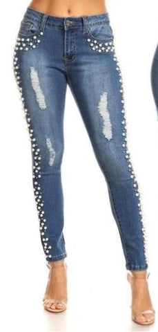 Denim pants with pearls cheap